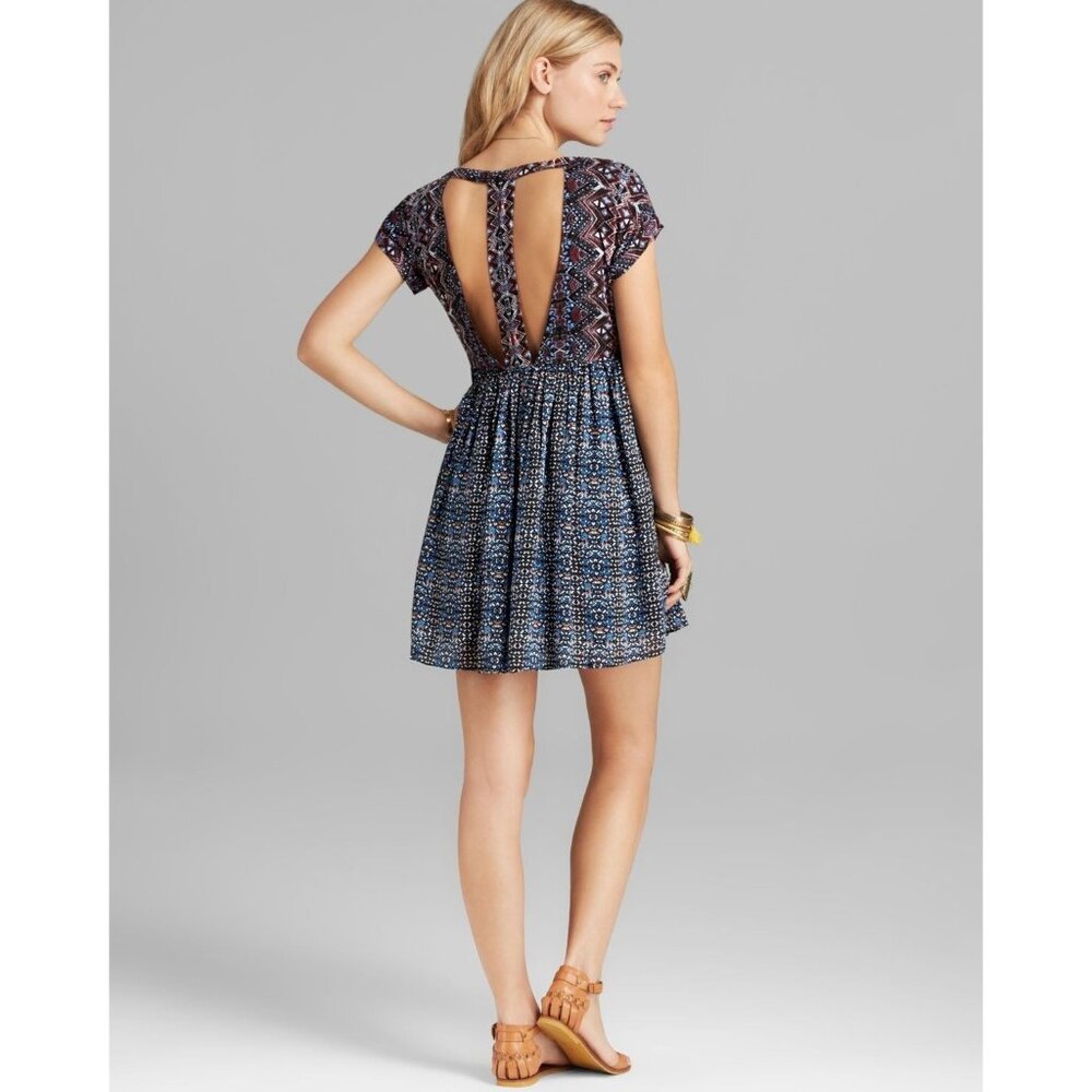 Free People Printed Open-Back Mini Dress in Blue and Black